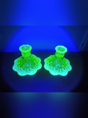 Fenton Lily If The Valley Uranium Glow Topaz Vaseline Glass Candle Holders MCM